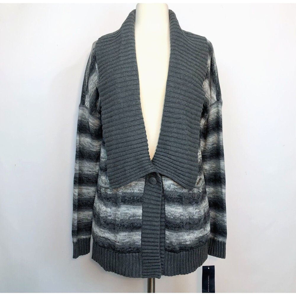 Tommy Hilfiger 2011 Cable Knit Cardigan Sweater XS Grey & White with Pockets